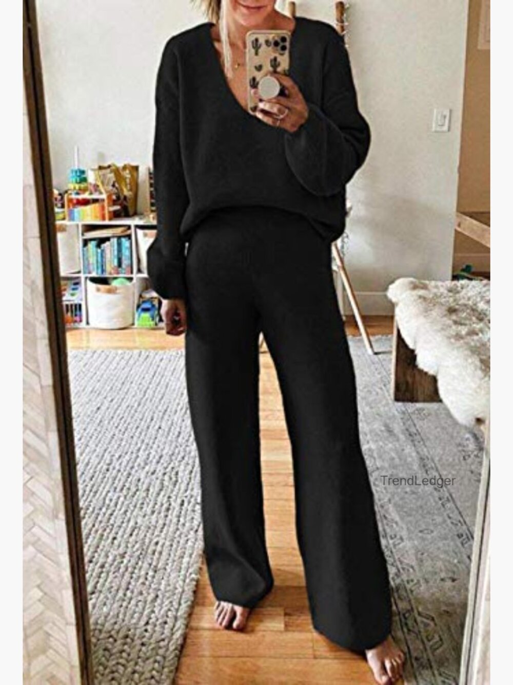 Women's 2-Piece Knit Lounge Set Sweatsuit Wide Leg Pants - Picture 2 of 7